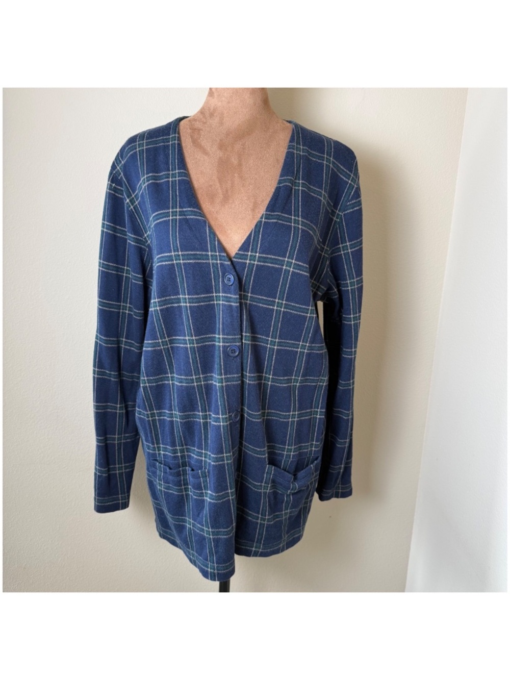 Vintage Lands End Cotton Cardigan Womens Medium Navy Plaid 80s 90s Academia